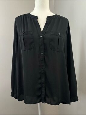 Loft Utility Shirt Black Large Petite Workwear Button-down V-neck Dark Academia